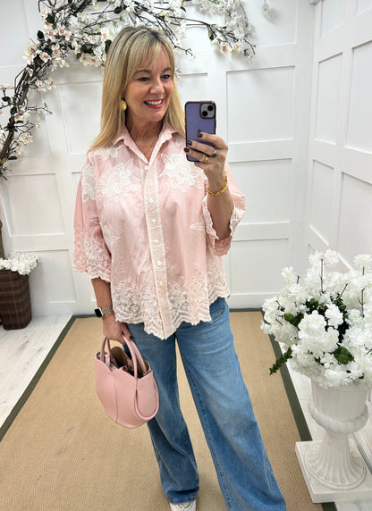 Emily: Pink floral embroidered shirt. One size: 14-20