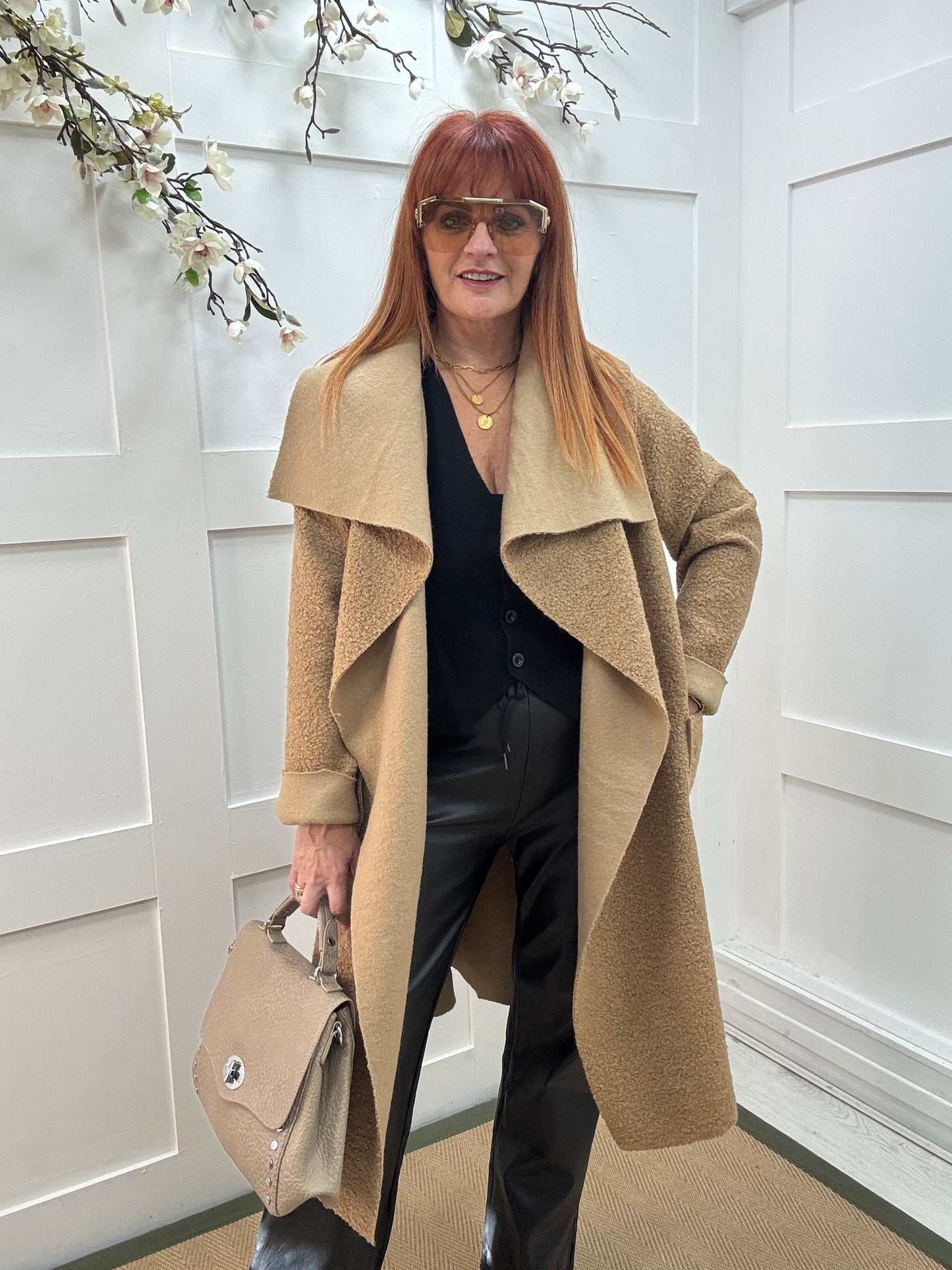 Kathie: Sand boucle coat with pockets. One size 12-18