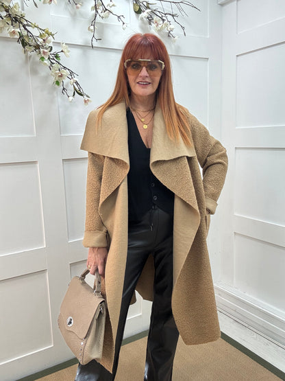 Kathie: Sand boucle coat with pockets. One size 12-18