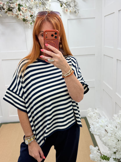 Suki: Short sleeve stripe knit top. One size: 12-18. 2 colours
