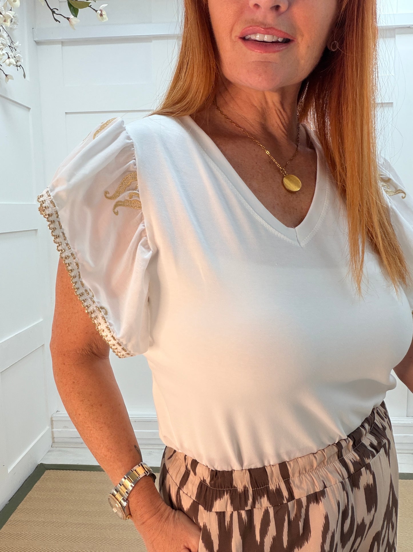 Elsie: White & gold embroidered short sleeve top. One size: 10-16
