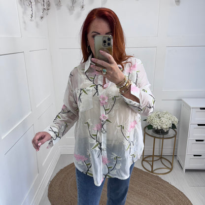 Mia: White blouse with pink acrylic flowers & embroidery. One size: 12-18