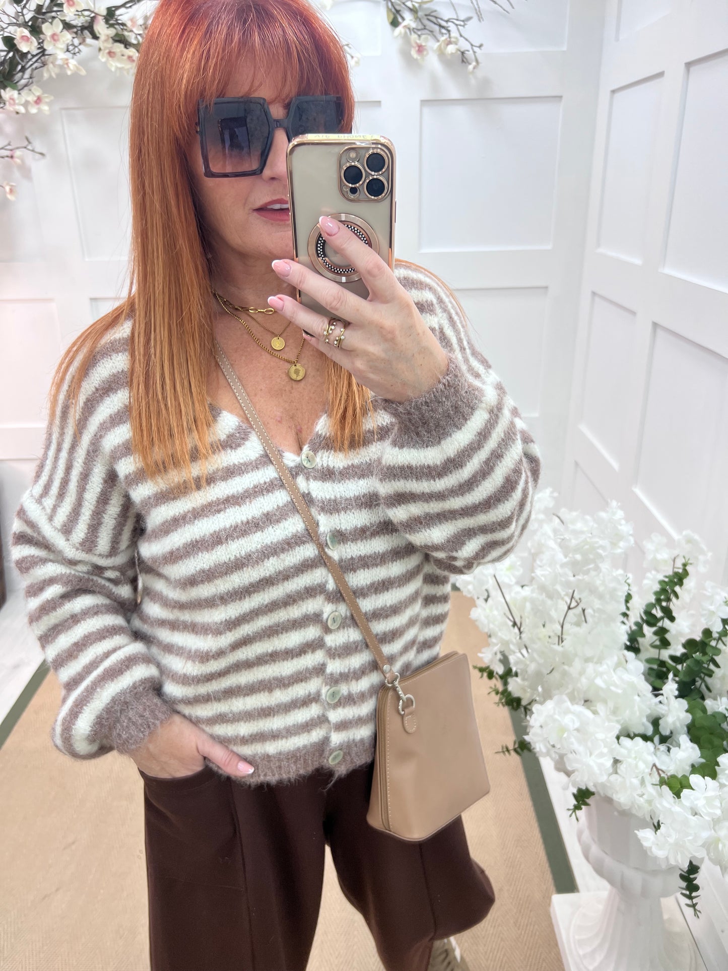 Rowan: Brown stripe V neck cardigan. One size: 12-18