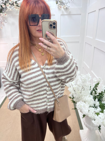 Rowan: Brown stripe V neck cardigan. One size: 12-18