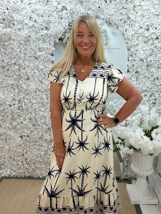 Penny: Navy & cream palm tree print short sleeve maxi dress. One size: 10-14