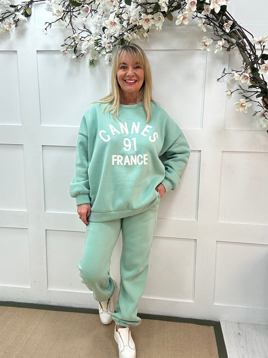 Chloe: Mint Cannes 2 piece loungewear set. One size: 14-18