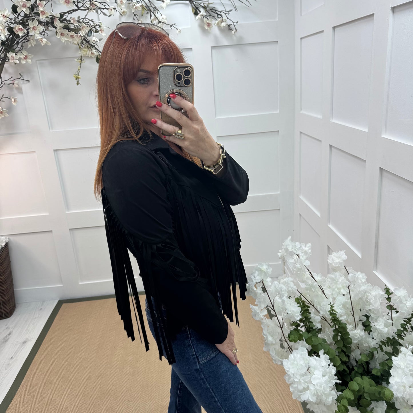 Heidi: Black short suede fringe jacket. One size: 8-14