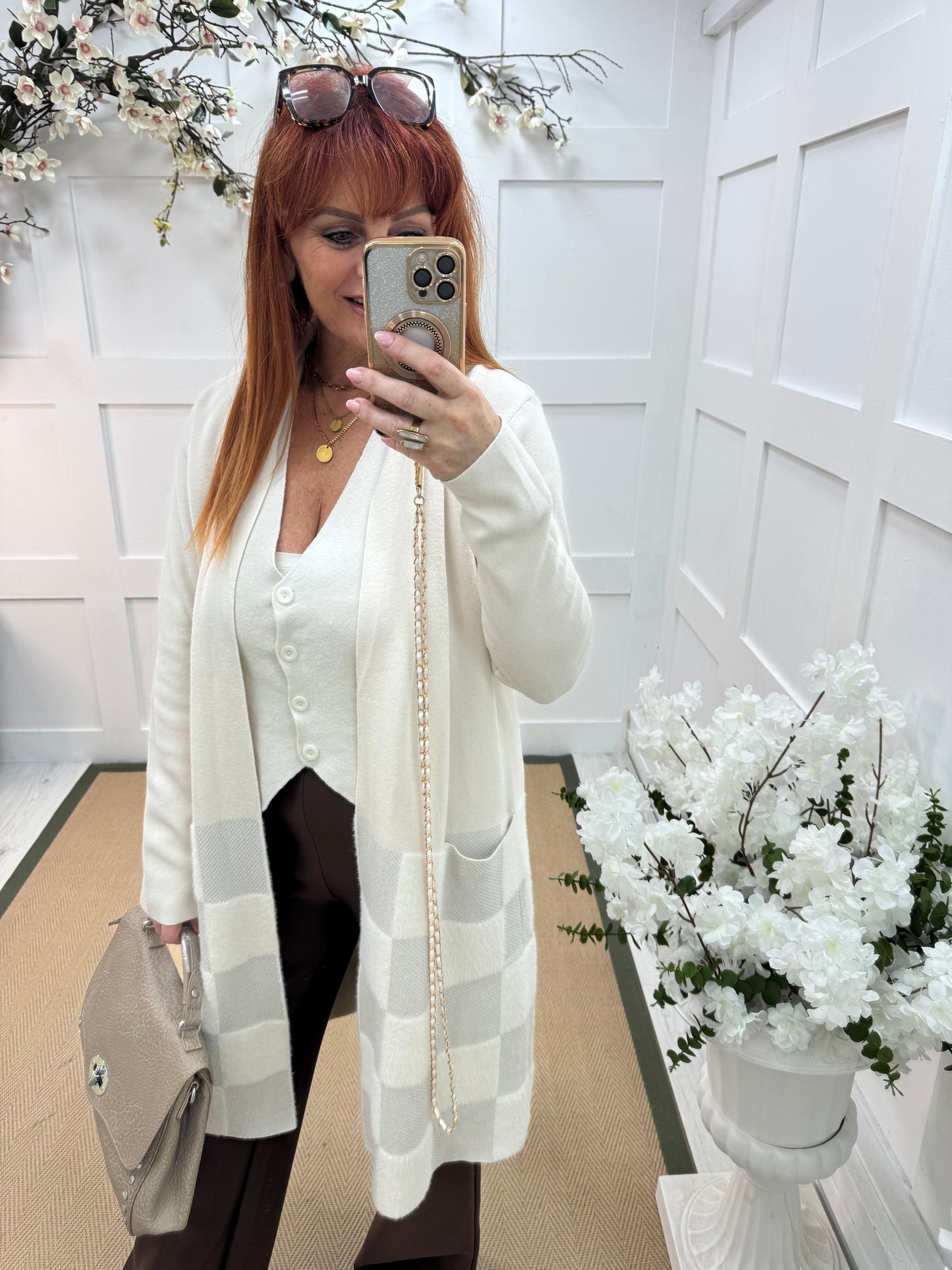 Martha: Cream long pocket cardigan. One size: 12-18