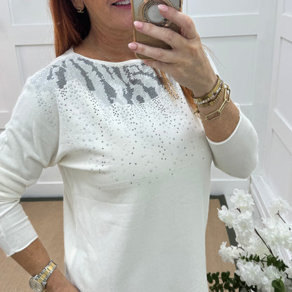 Coco: White & diamanté long sleeve knit top. One size: 10-16/18