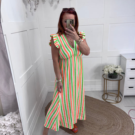 Roman: Lime & orange stripe midi dress. One size: 12-18