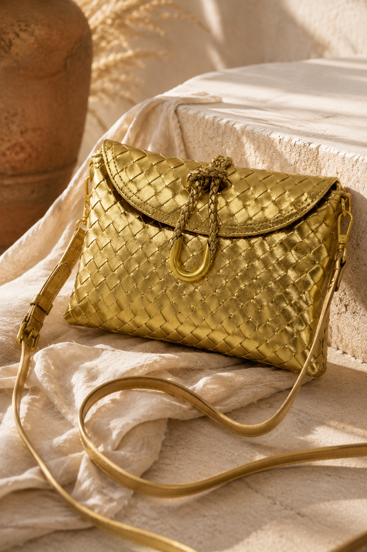 Mae: Gold woven clutch bag