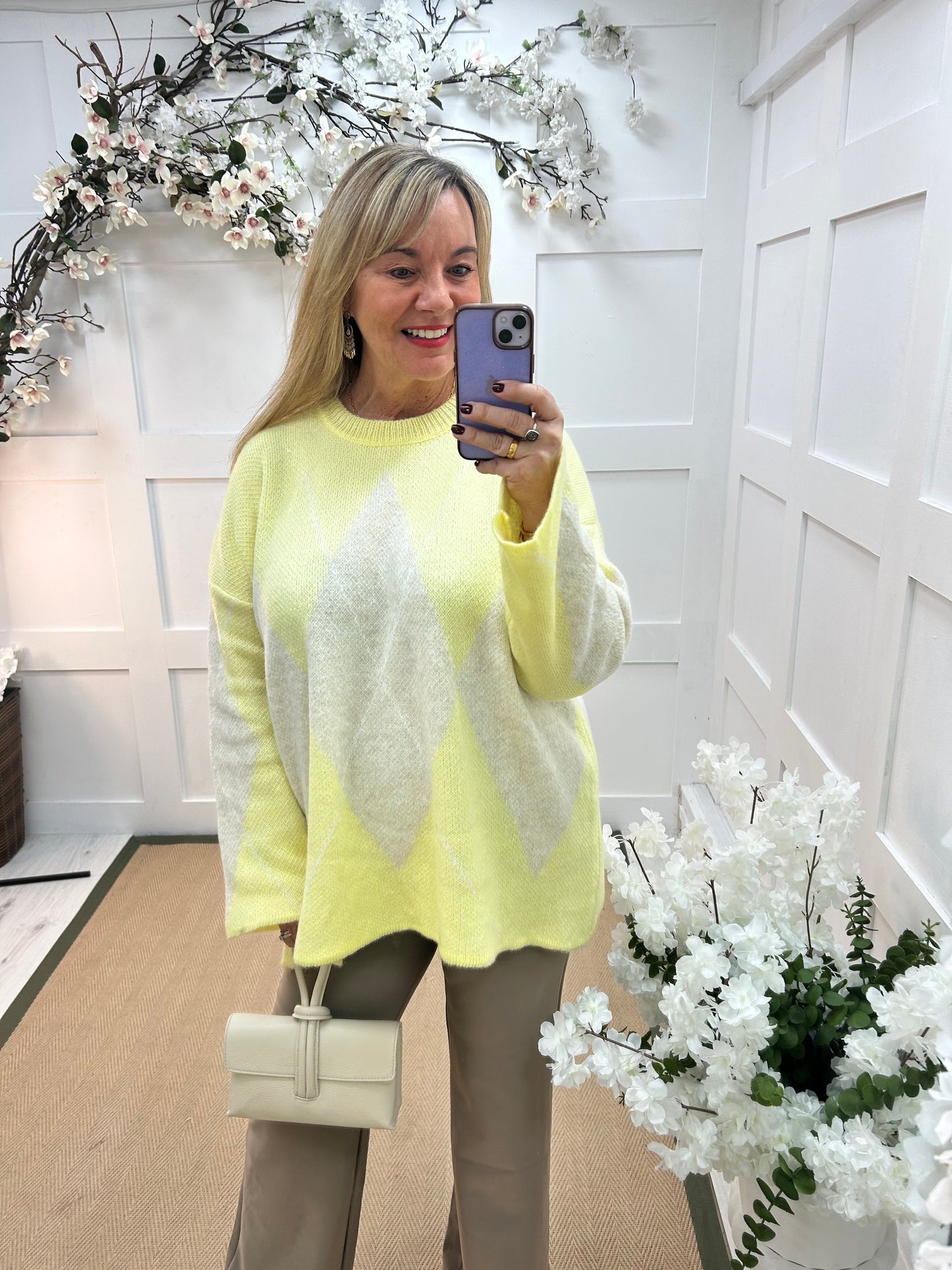 Andi: Lemon argyle knitted top. One size: 14-20