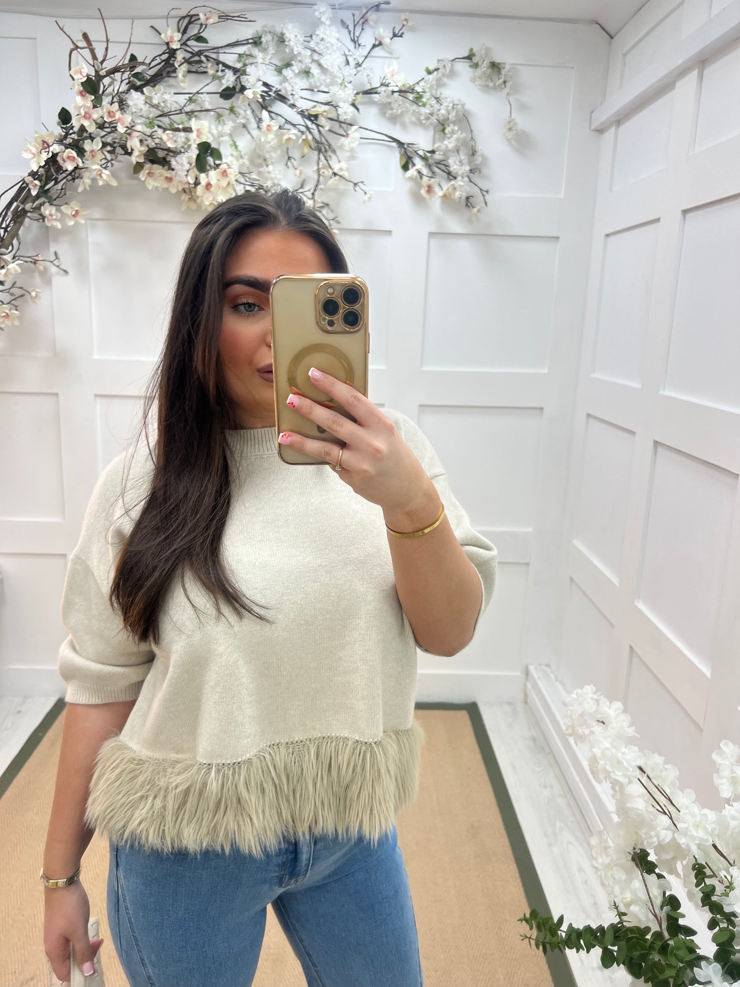 Honey: Beige fringe hem knit top. One size: 10-16