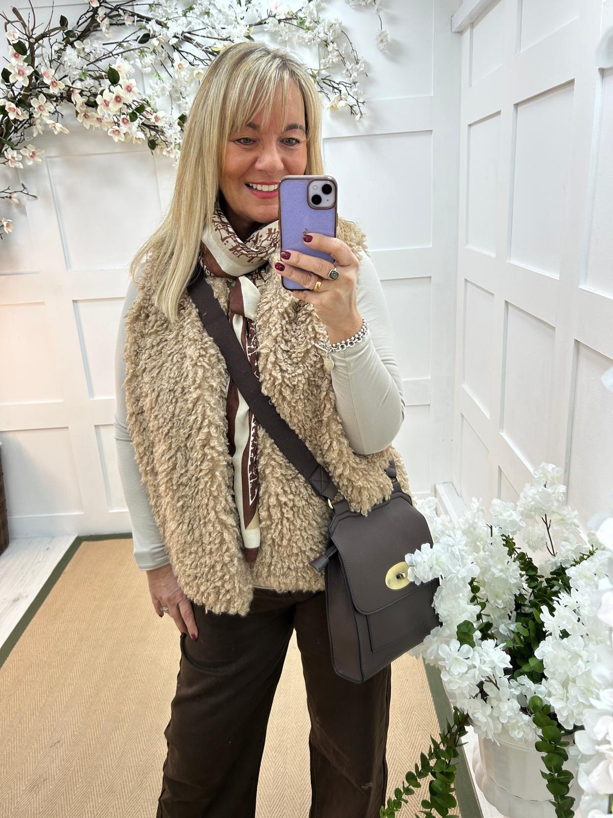 Hassie: Camel teddy bear gilet. One size 16-20