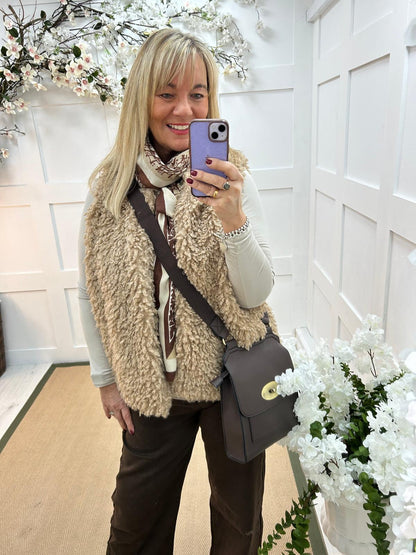 Hassie: Camel teddy bear gilet. One size 16-20