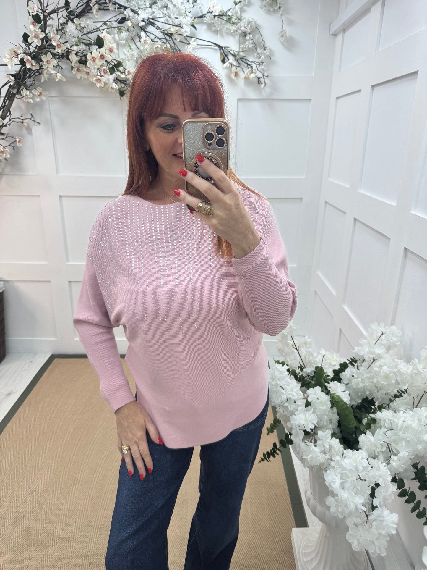 Arabella: Pink diamanté long sleeve top. One size: 12-16