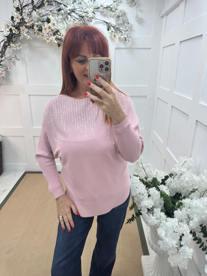 Arabella: Pink diamanté long sleeve top. One size: 12-16