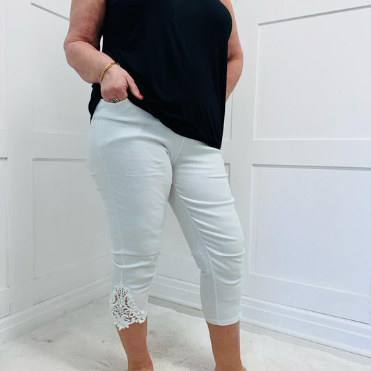 Chelsea: Stretchy lace hem capri pants. Sizes 12-22