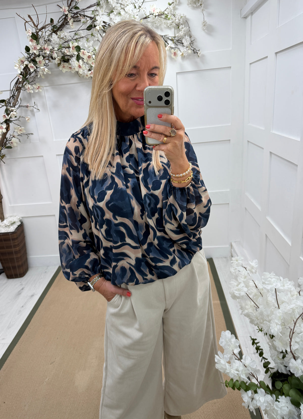 Perri: High neck printed blouse. One size: 12-18. 3 colours