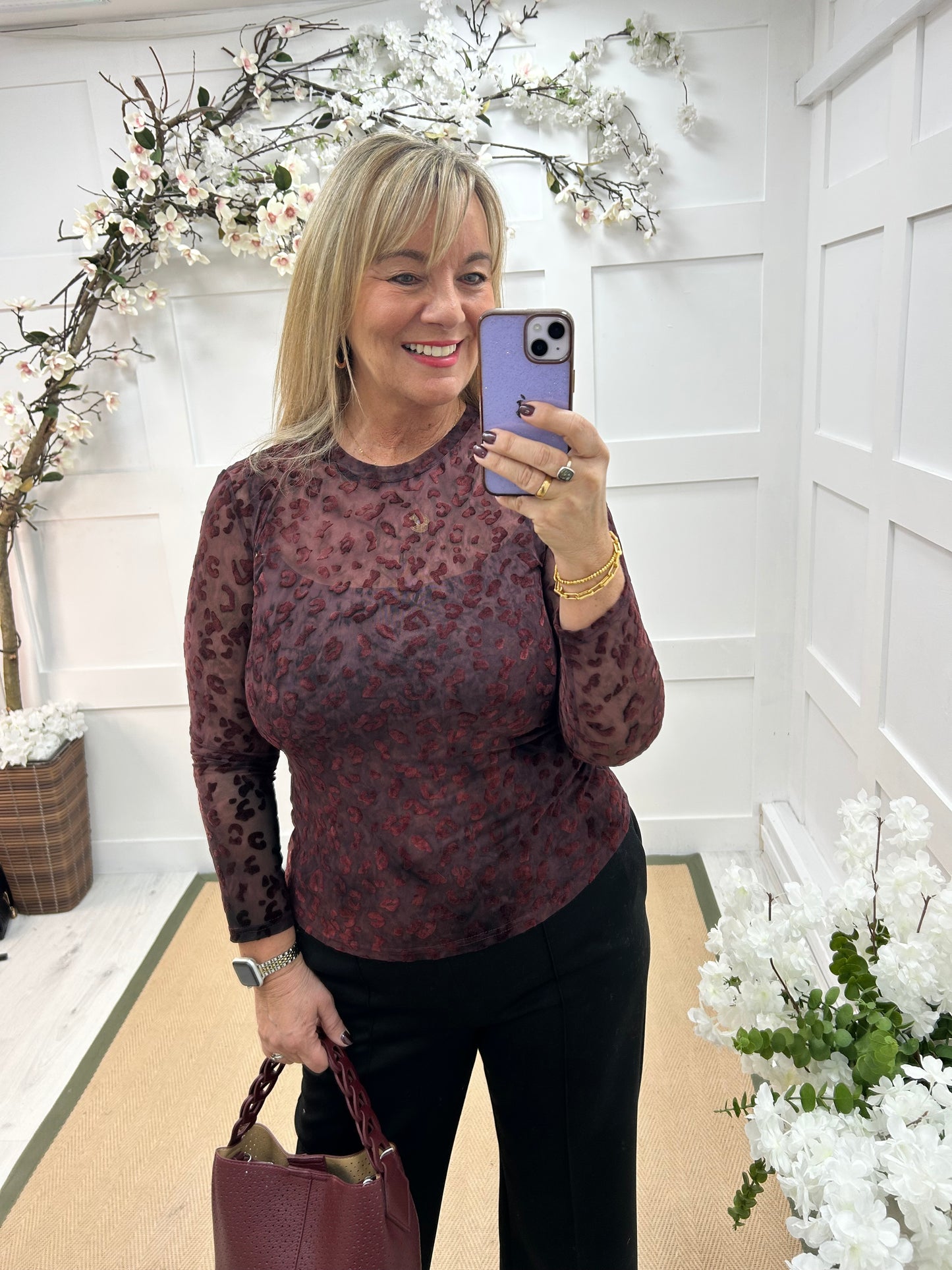 Rhianna: Burgundy velvet leopard print mesh top. One Sz: 10-16