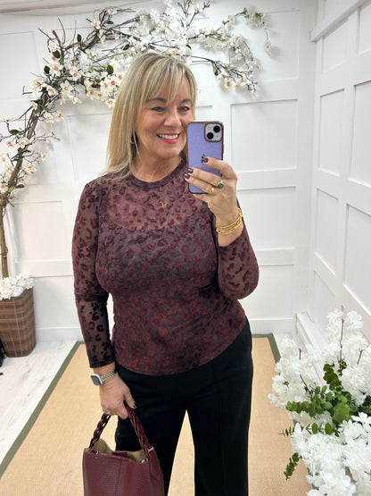 Rhianna: Burgundy velvet leopard print mesh top. One Sz: 10-16