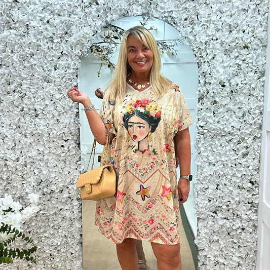 Nina: Multicoloured Frida Kahlo fine knit dress. One Size: 18-22