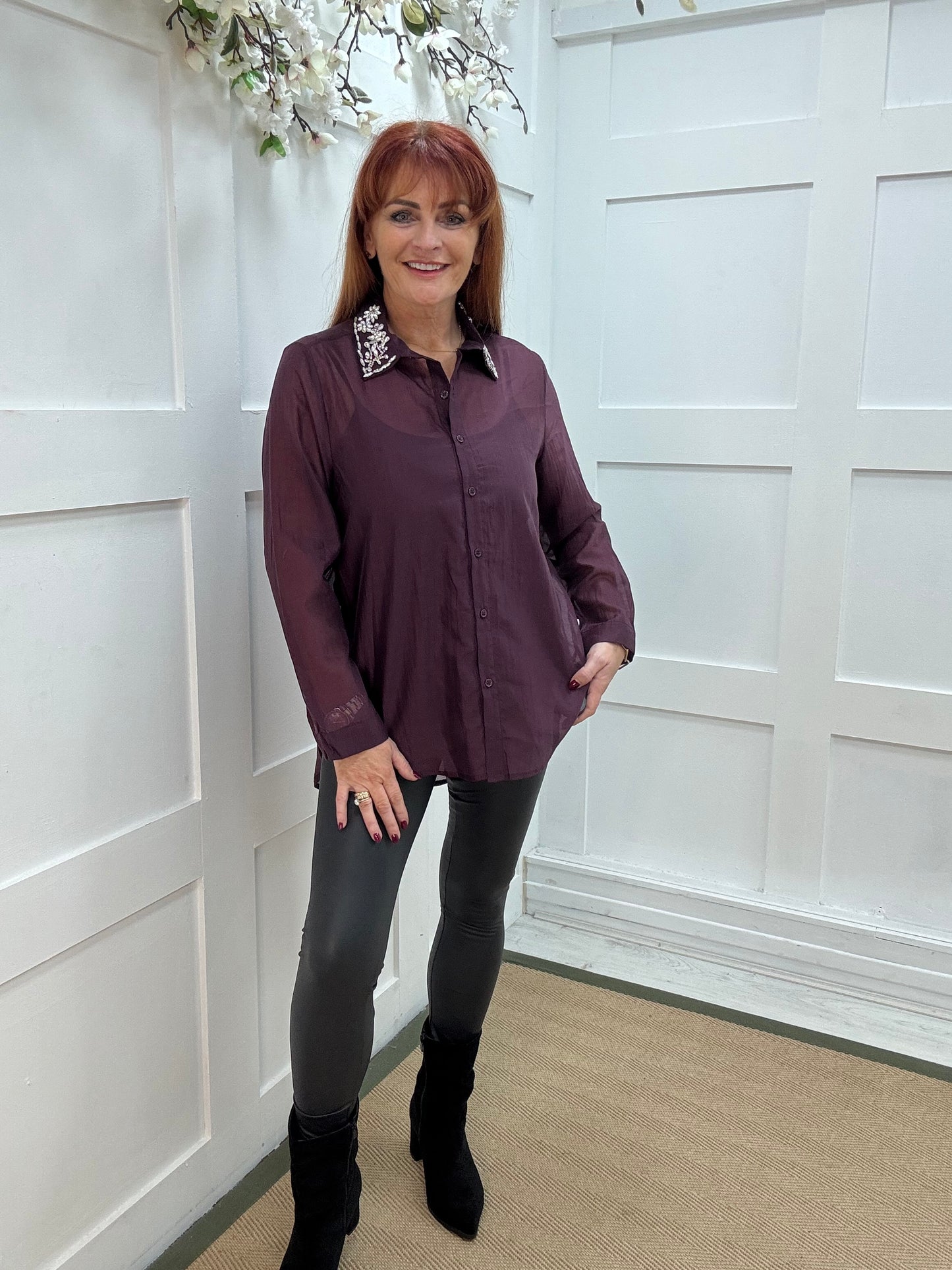 Azira: Burgundy rhinestone collar sheer shirt. One size: 10-16