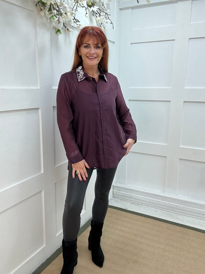 Azira: Burgundy rhinestone collar sheer shirt. One size: 10-16