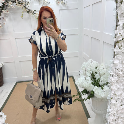 Odessa: Navy blue diamond print shirt dress. One size 12-16