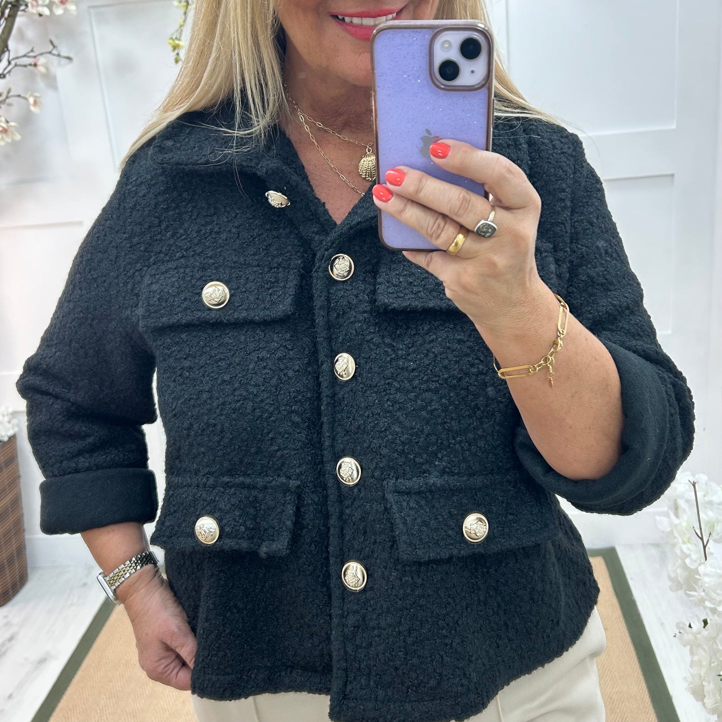 Bridget: Black short boucle button jacket. One: 12-20