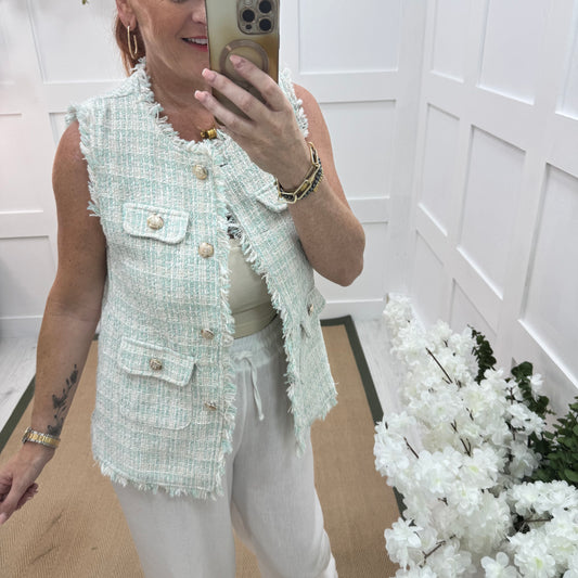 Devon: Mint tweed button waistcoat. One size: 8-12