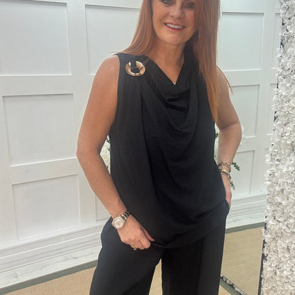 Melissa: Black cowl neck top & trouser co-ord set. One size: 12-18