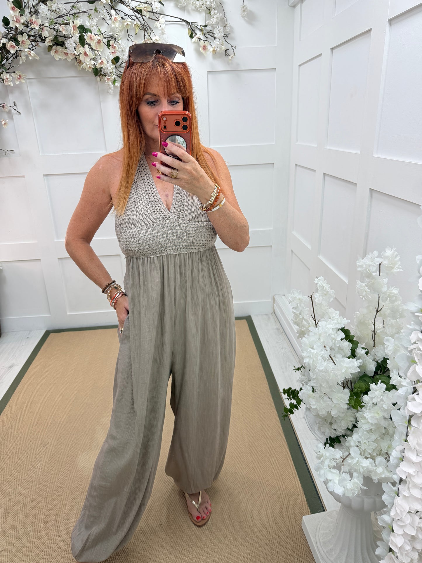 Candy: Crochet halter neck balloon leg jumpsuit. One size: 8-12. 4 colours