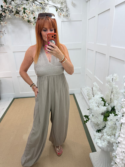 Candy: Crochet halter neck balloon leg jumpsuit. One size: 8-12. 4 colours