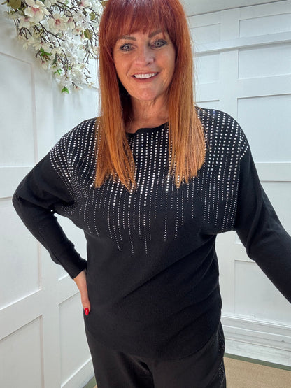 Arabella: Black diamanté long sleeve top. One size: 12-16