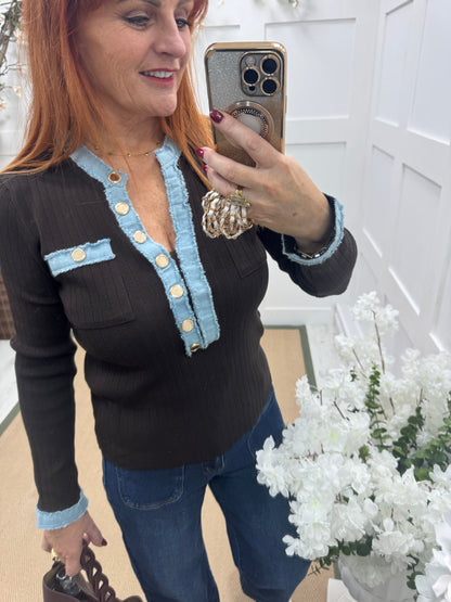 Harley: Brown blue & denim long sleeve top. One Sz: 10-16