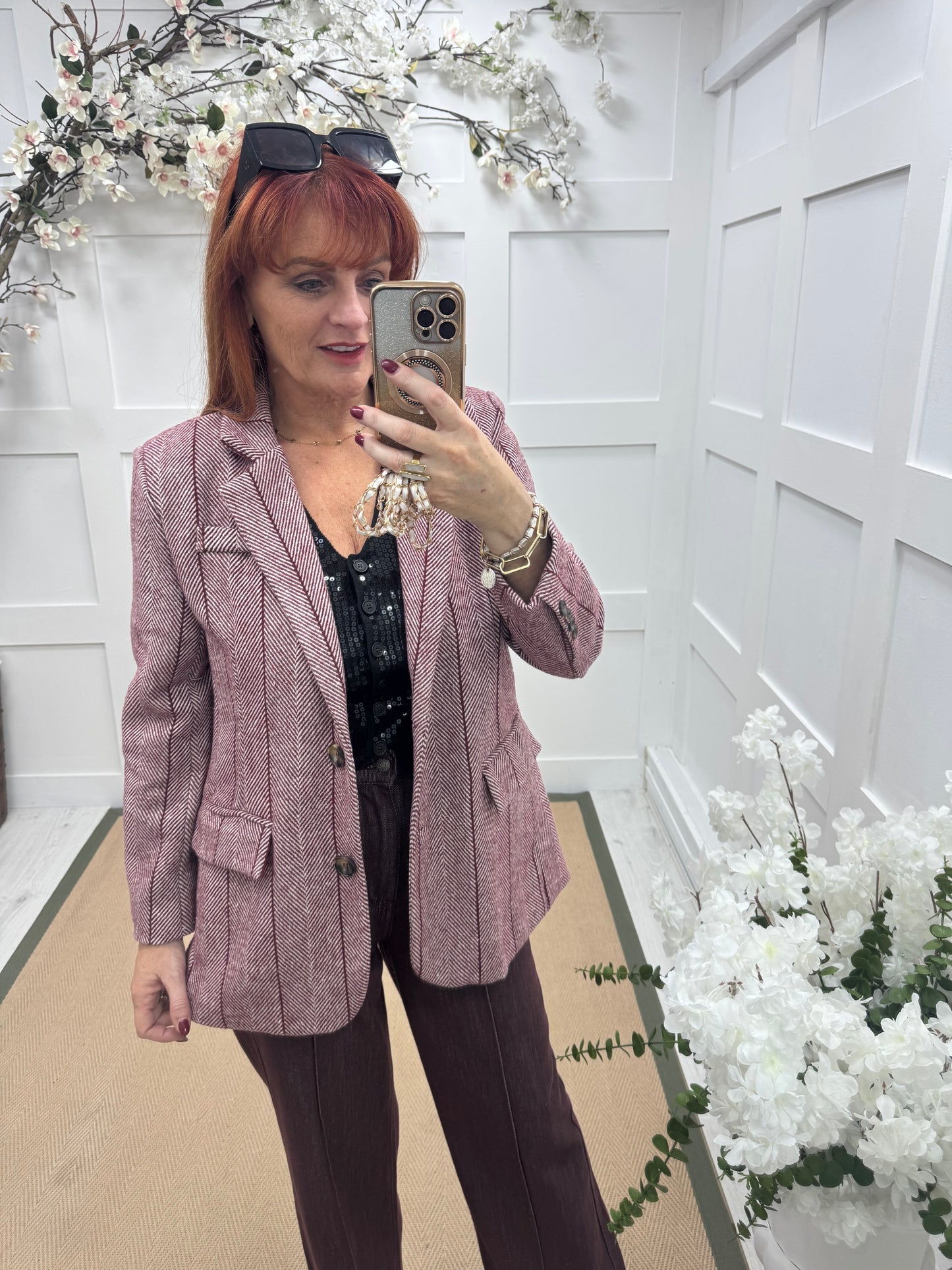 Bernie: Burgundy herringbone tweed blazer. One size: 12-16