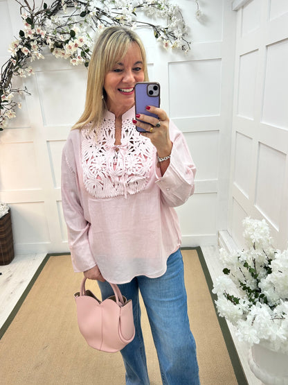 Natalie: Pink crochet tie front blouse top. One size: 14-18