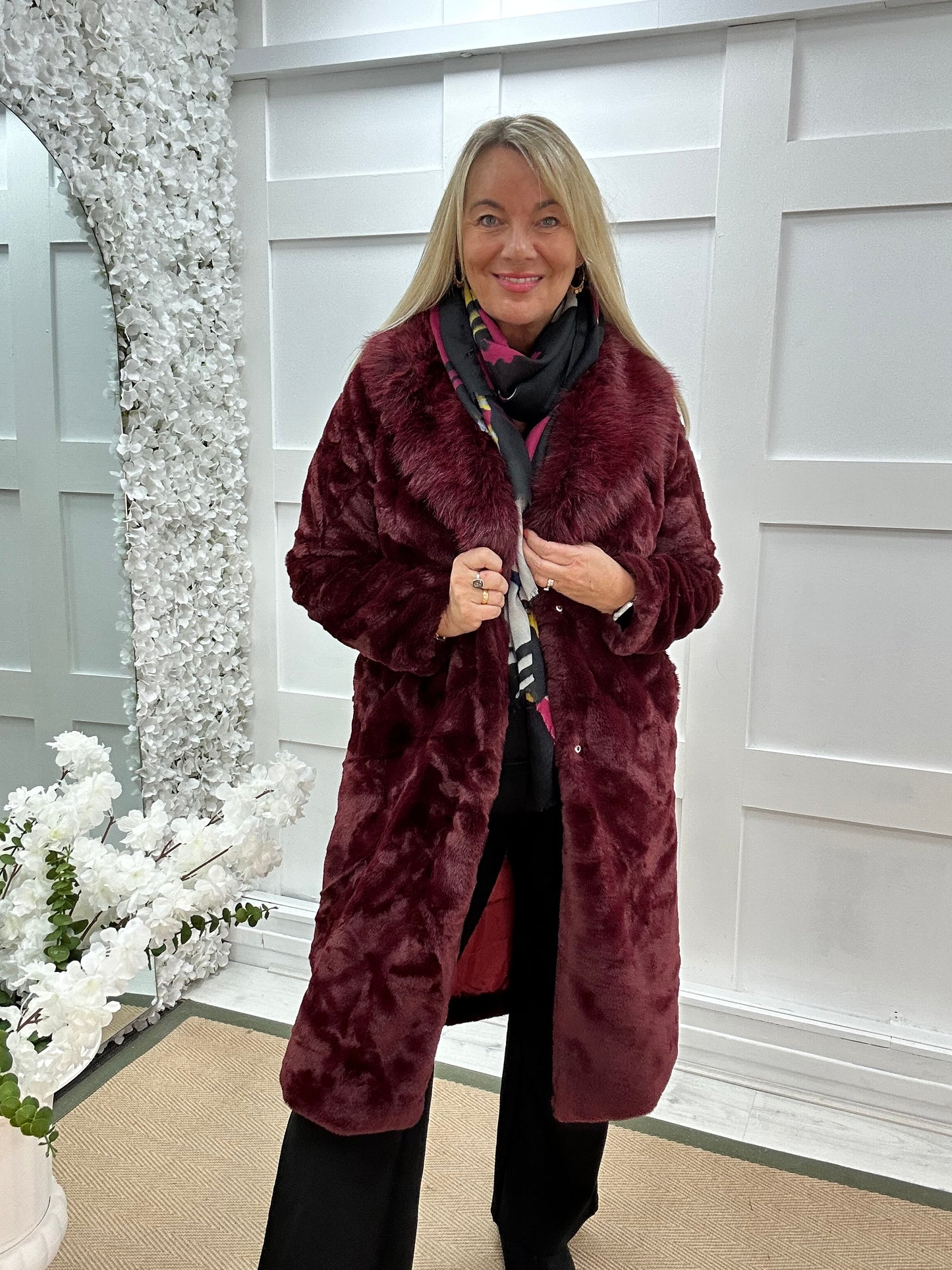 Madeleine: Burgundy long faux fur coat . One size 12-18