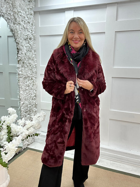 Madeleine: Burgundy long faux fur coat . One size 12-18