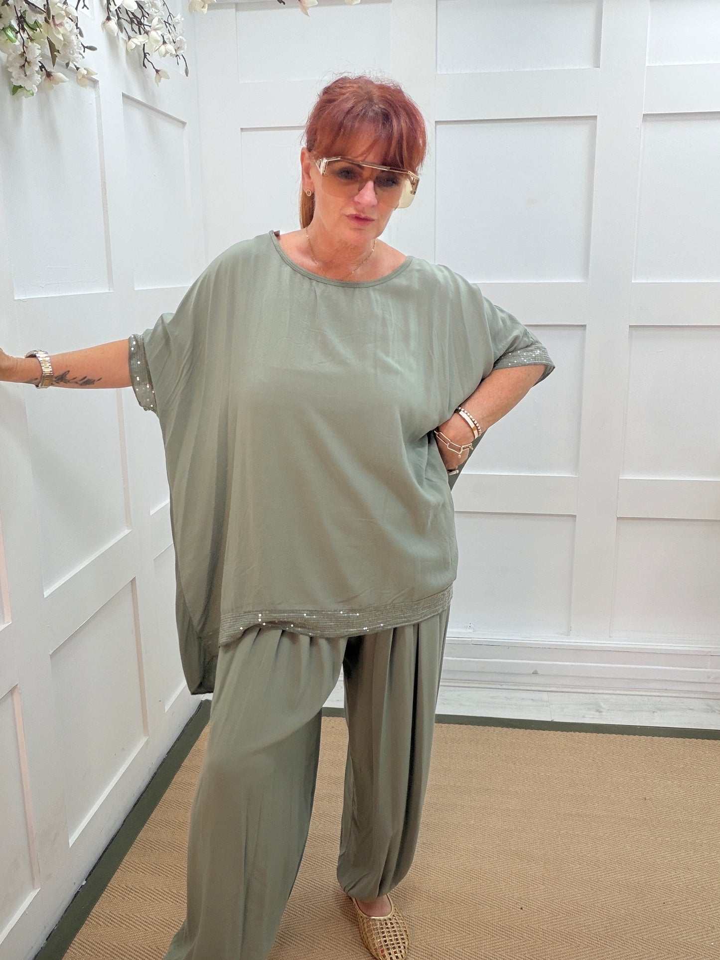 Chloe: Silky sequin top & harem trouser set. One size: 14-20. 3 colours