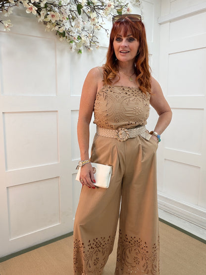 Allegra: Camel Broderie Anglaise wide leg jumpsuit. 2 sizes