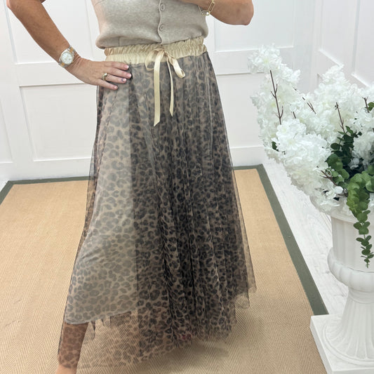 Tansy: Tulle leopard print net midi skirt. One size 8-16/18