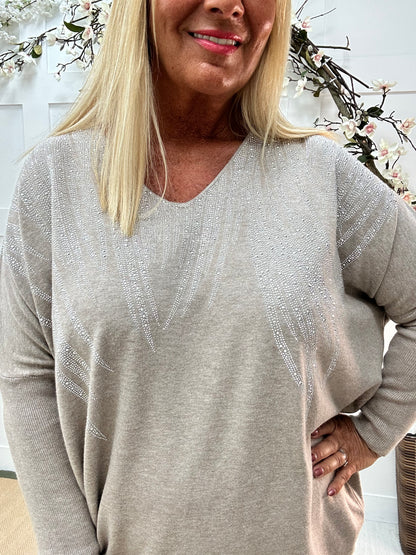 Coco: Beige V neck diamanté long sleeve top. One size: 18-22