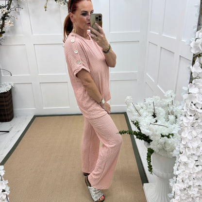 Tasha: Pink & gold button loungewear set. 2 sizes