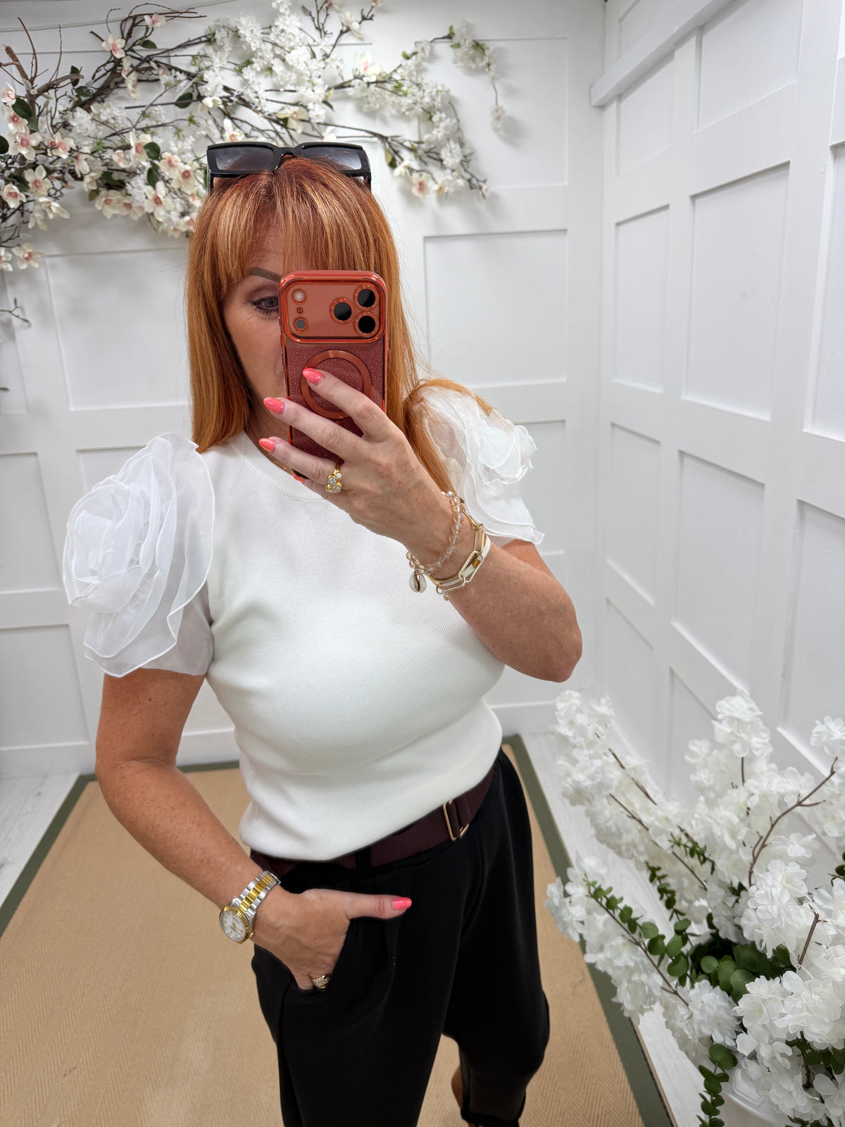 Flora: Short sleeved 3D flower top. One size: 10-16. 3 colours