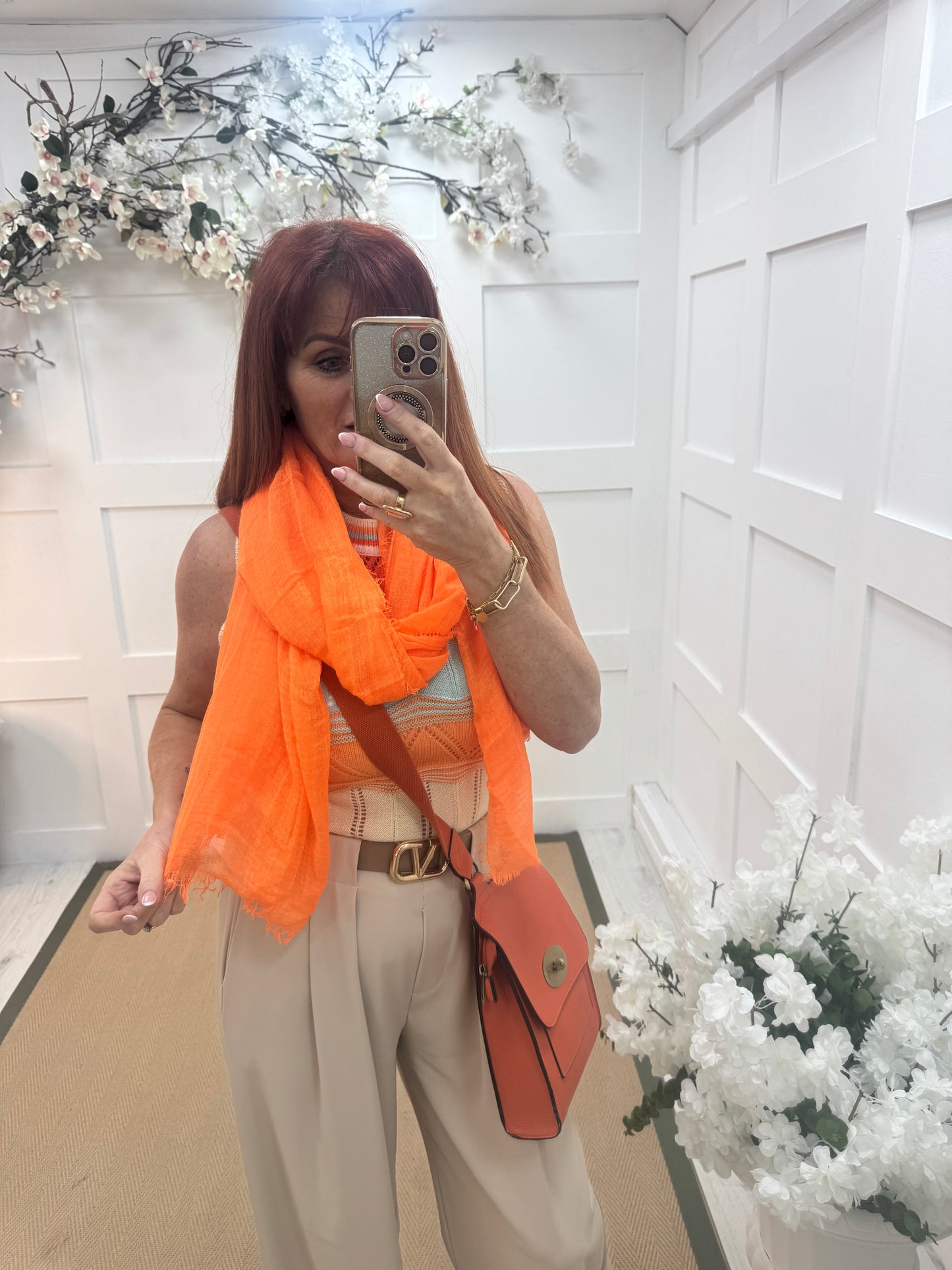 Tula: Neon orange long frayed raw edge scarf. One size