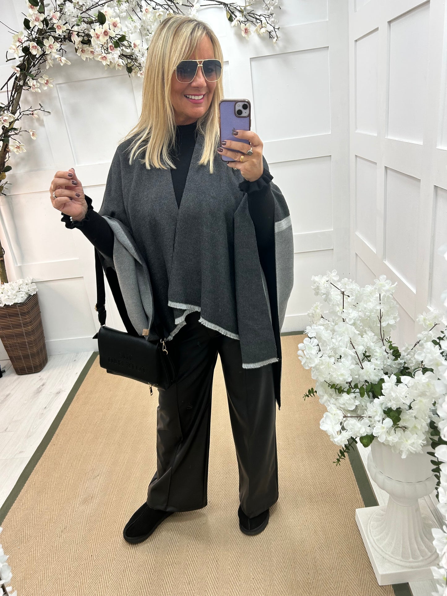 Nellie: Black & grey wool blend cape. Free size