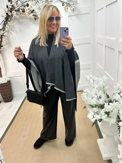 Nellie: Black & grey wool blend cape. Free size