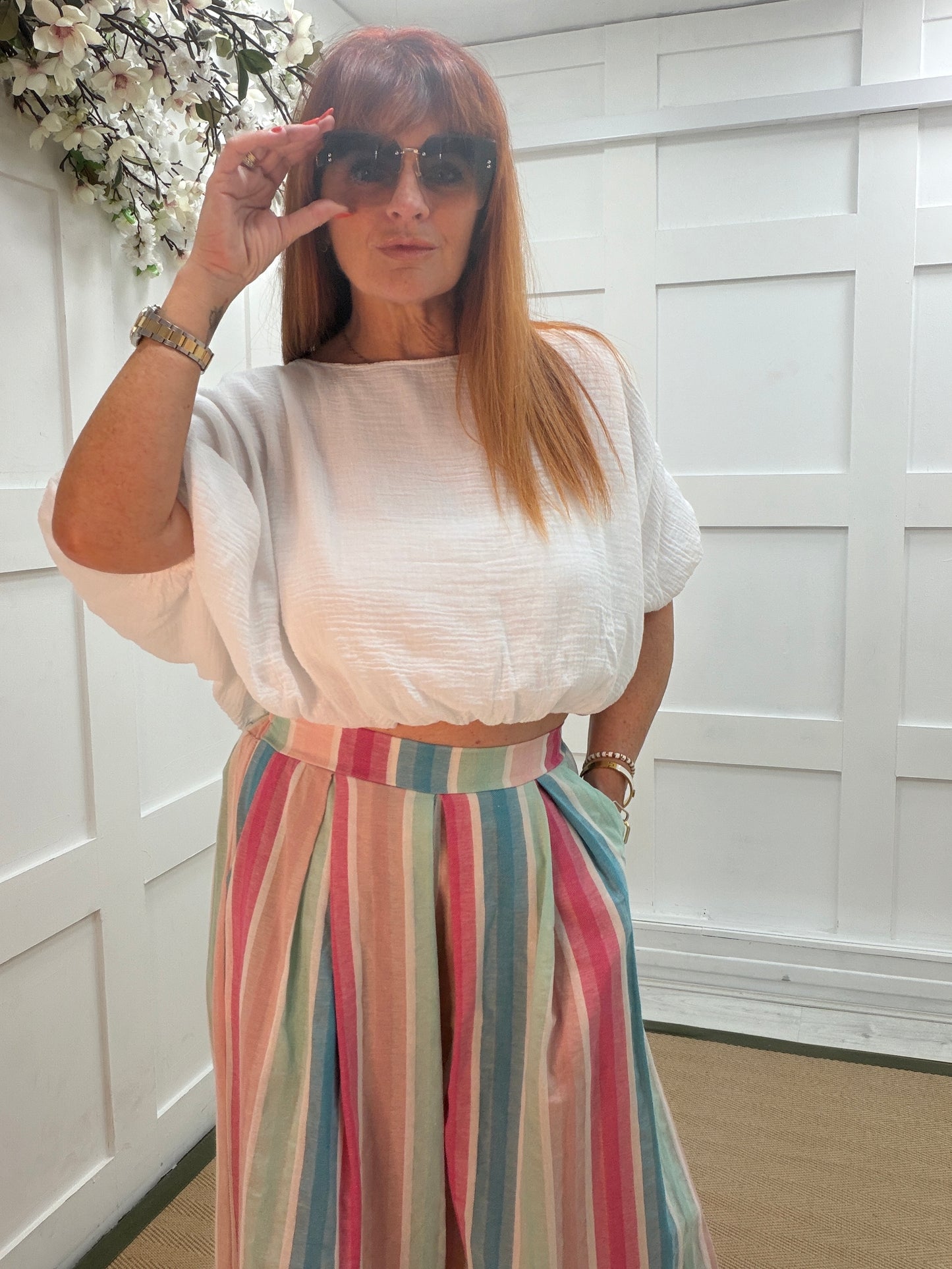 Winnie: White cotton puff ball crop top. One size: 12-18